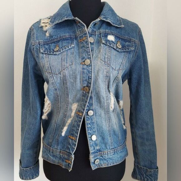 Denim BLVD Distressed Blue Jean Coat Jacket MEDIUM 100% Cotton Button Pockets - Picture 1 of 3
